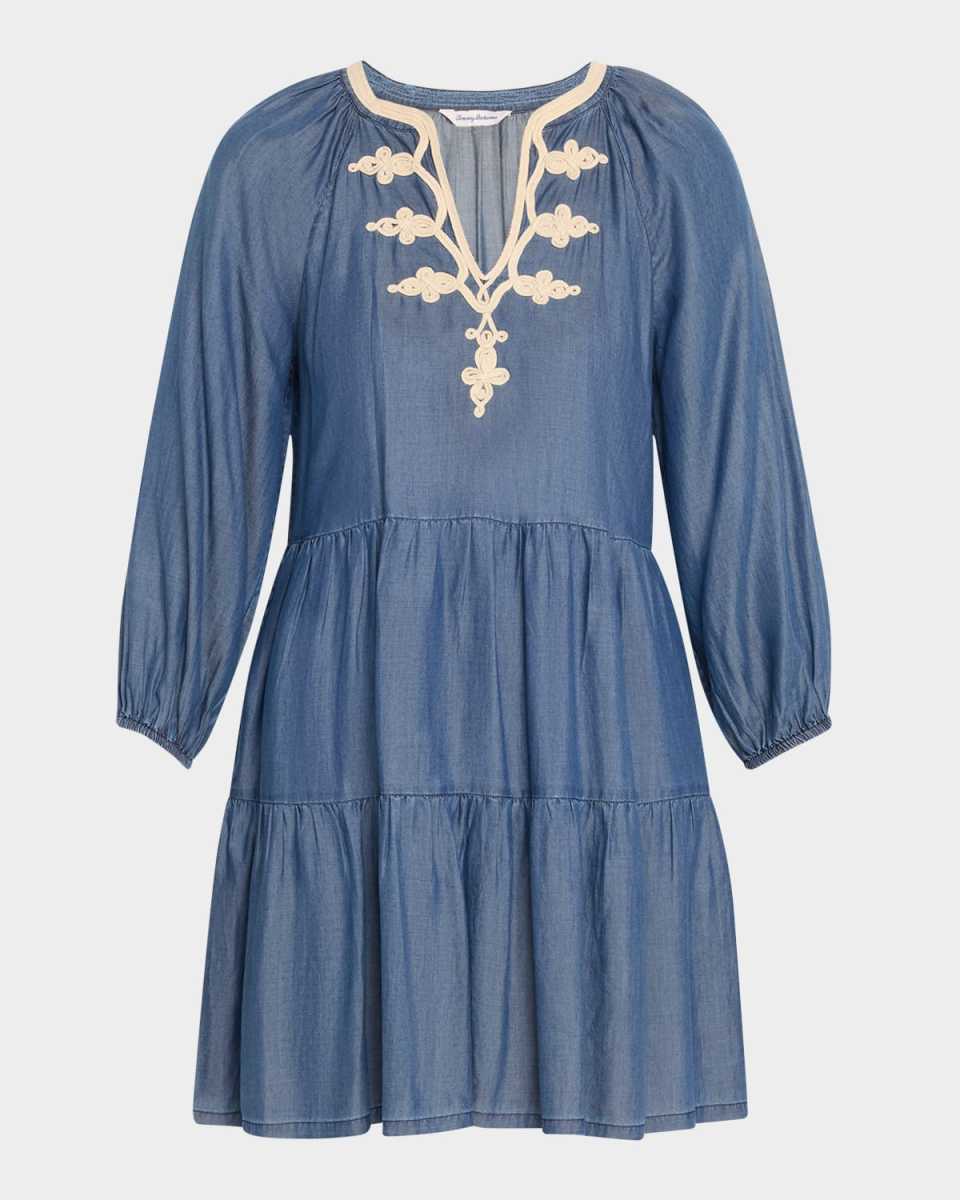 Chambray Embroidered Mini Dress